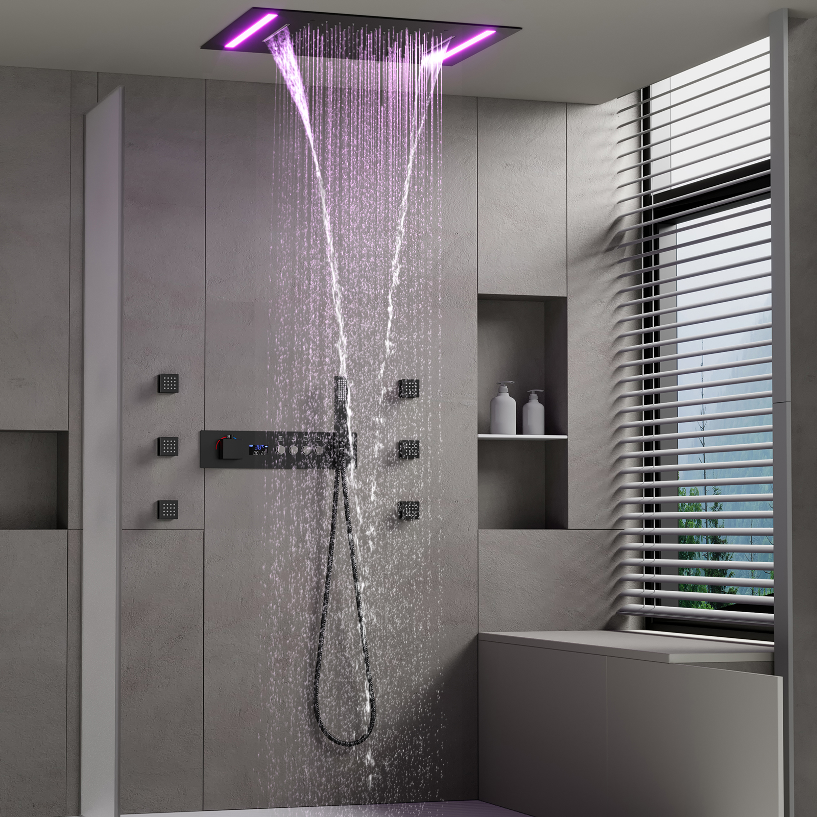 Cabezal de ducha LED para baño moderno, ducha de lluvia de 500x360MM, conjunto de válvula de ducha termostática tipo cascada para techo
