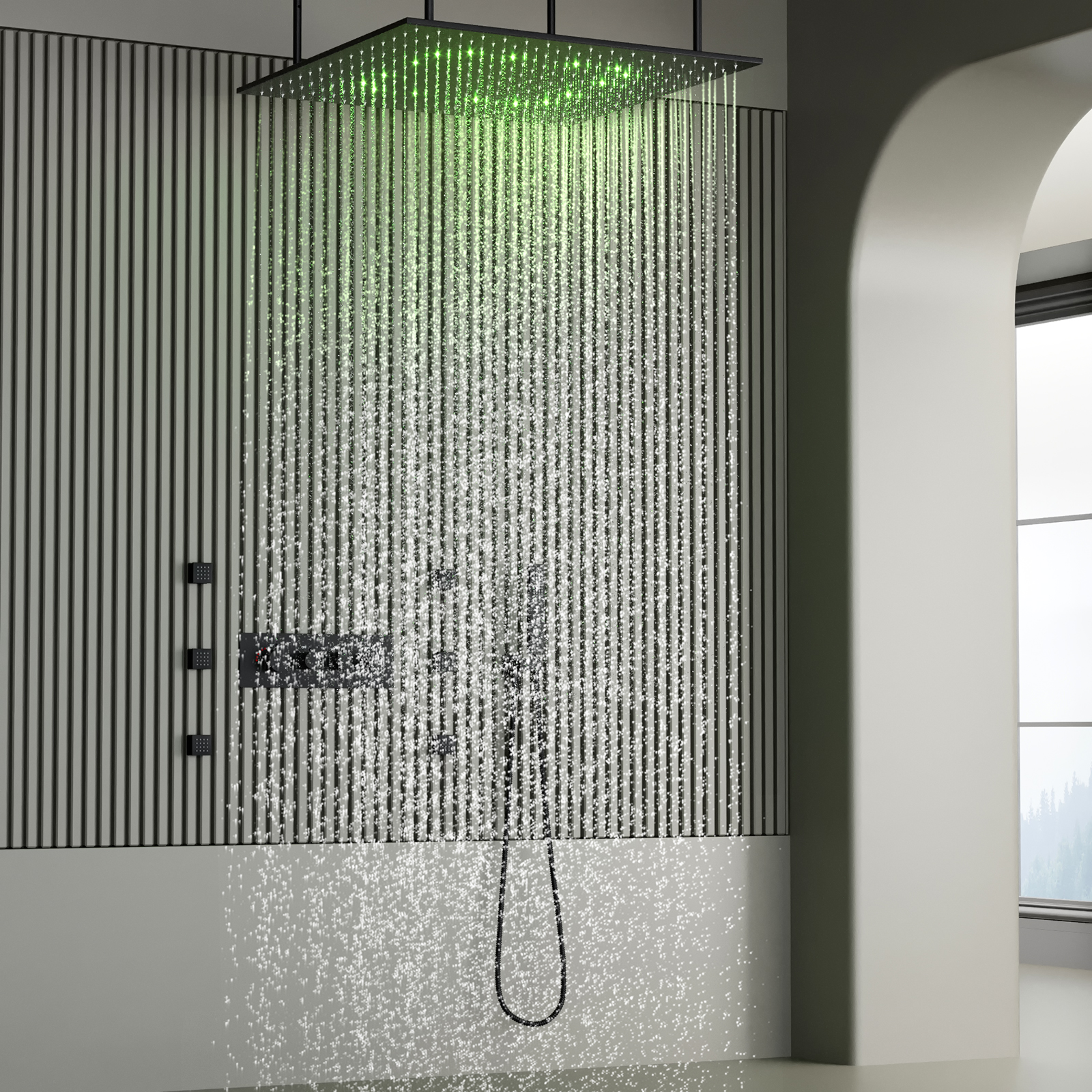 El cabezal de ducha de latón LED montado en la pared del techo del baño establece la ducha de lluvia con sistema de ducha
