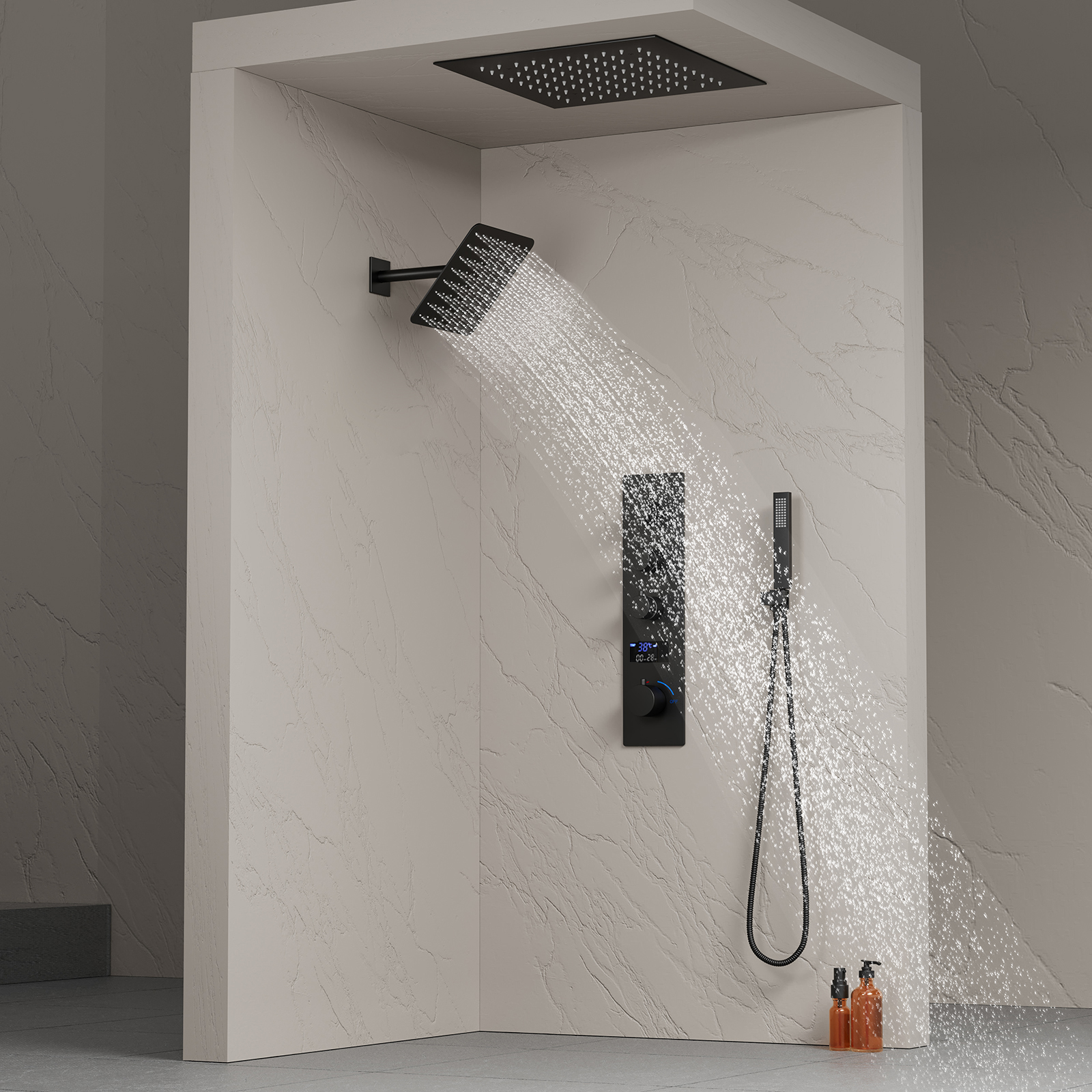 Juego de cabezal de ducha LED negro cuadrado de lujo para baño Sistema de ducha de techo termostático con niebla de lluvia