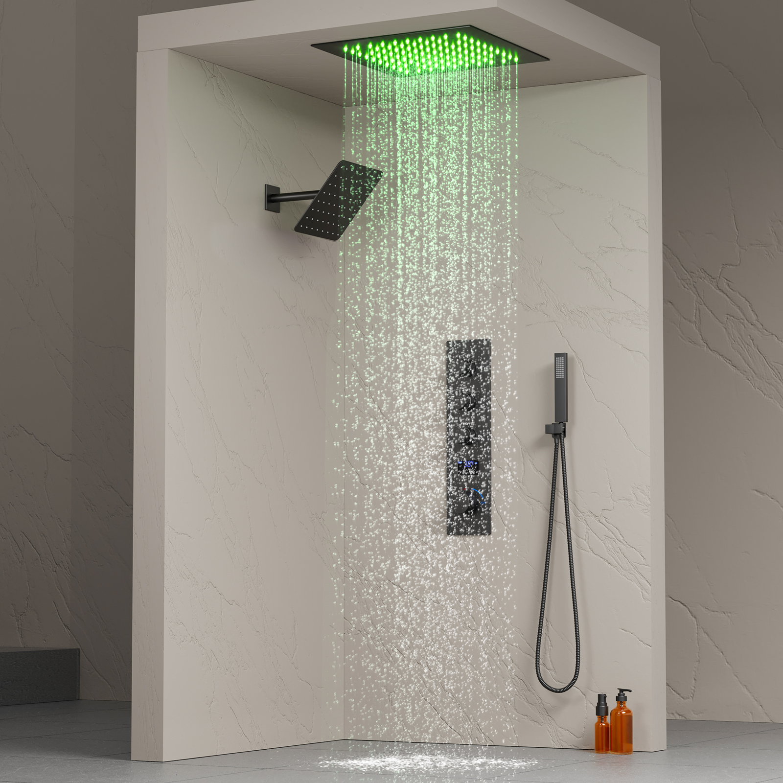 Juego de cabezal de ducha LED negro cuadrado de lujo para baño Sistema de ducha de techo termostático con niebla de lluvia