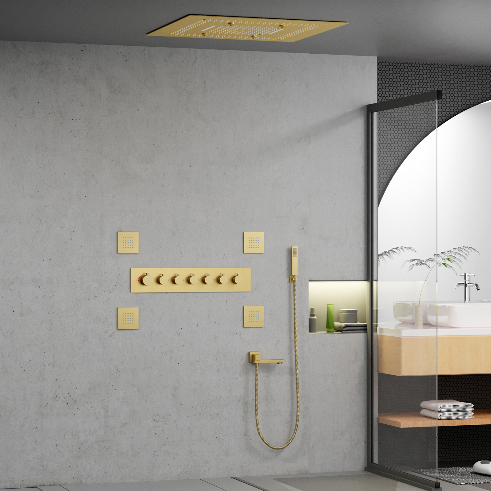 Sistema de Set de ducha de baño de lujo, juego de mezclador de ducha de lluvia de Oro pulido, juego de cabezal de ducha Led de cobre con 6 funciones