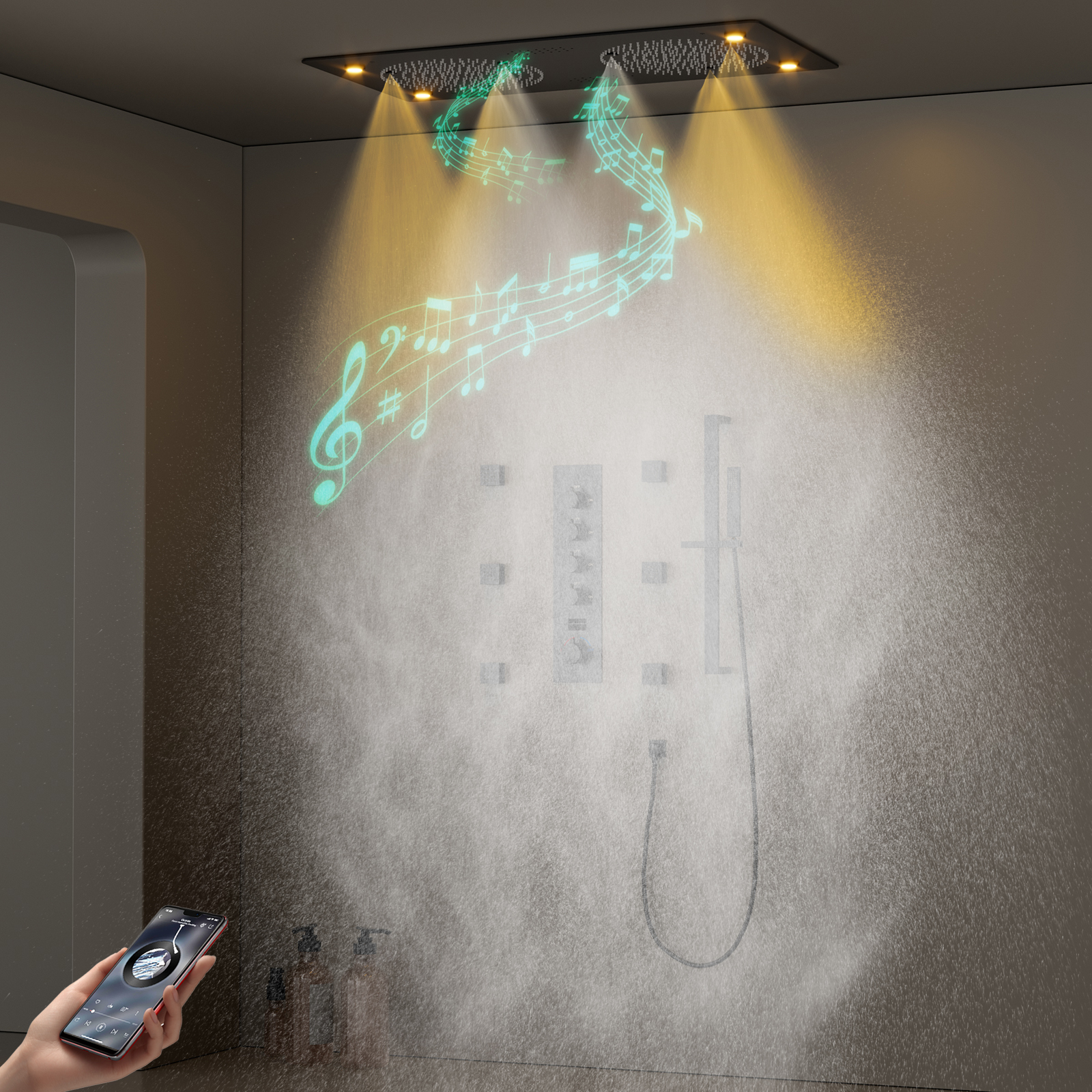 Sistema de grifo de ducha LED de latón empotrado para baño, 4 juegos de cabezal de ducha, ducha de lluvia de techo con música