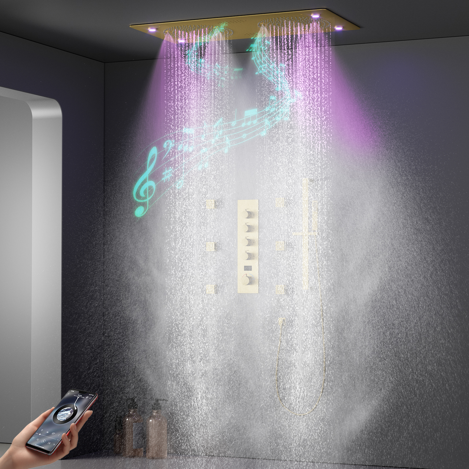 Ducha de lluvia con rociador de techo, cabezal de ducha con música LED, juego dorado, sistema de ducha con termostato de masaje con rociador de lluvia