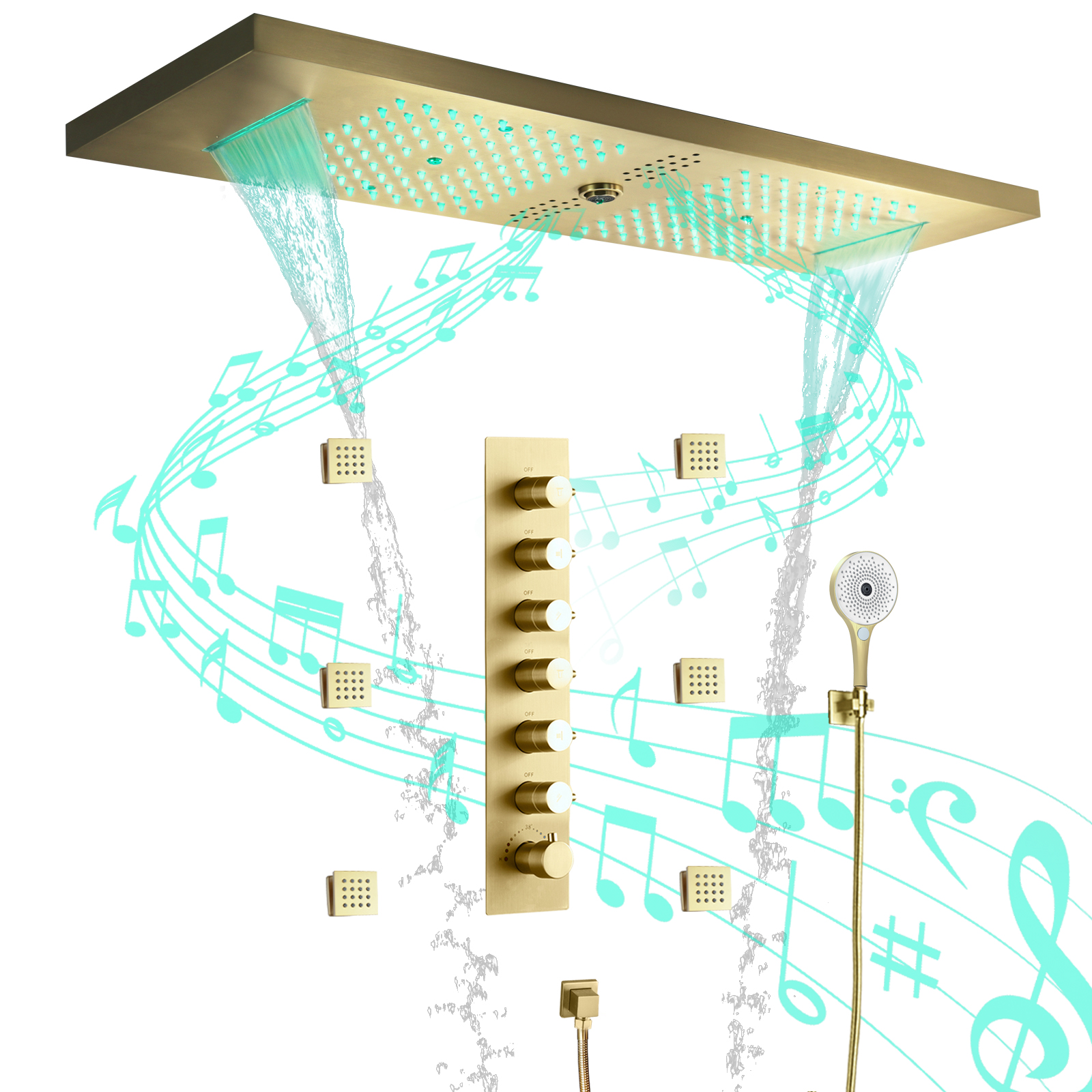 Sistema de cabezal de ducha de Oro pulido LED para baño, sistema de cascada de ducha de lluvia, juego de grifo de ducha termostático
