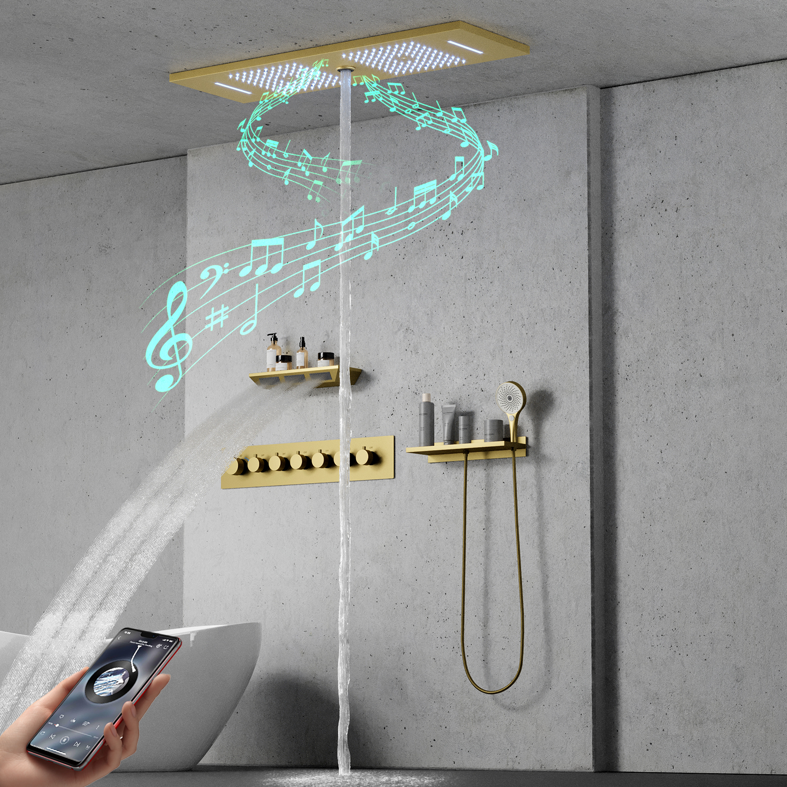 Grifo de ducha termostático de cascada atomizada para baño, cabezal de ducha con cuerpo de ducha y función musical, cabezal de ducha LED de lluvia