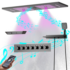 Juego de cabezal de ducha con música LED gris, pistola cuadrada montada en el techo, grifo termostato con rociador de lluvia y cabezal de ducha lateral