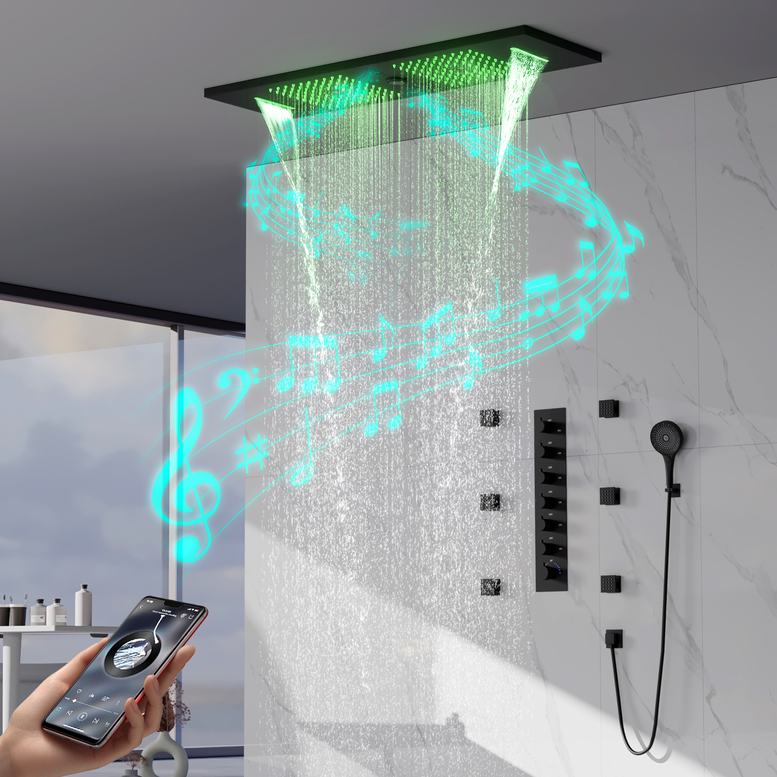 Cabezal de ducha moderno Cabezal de ducha de lluvia LED Cabezal de ducha de lluvia oculto Sistema de ducha musical para baño