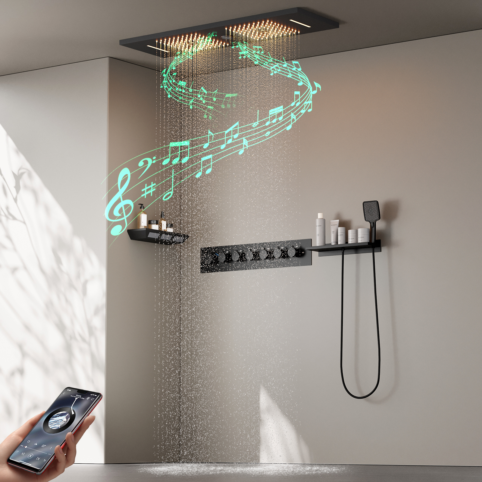 Grifo y válvula de ducha con rociador superior de ducha de lluvia de alta presión con música de latón cuadrado con luz LED de 90x30Cm