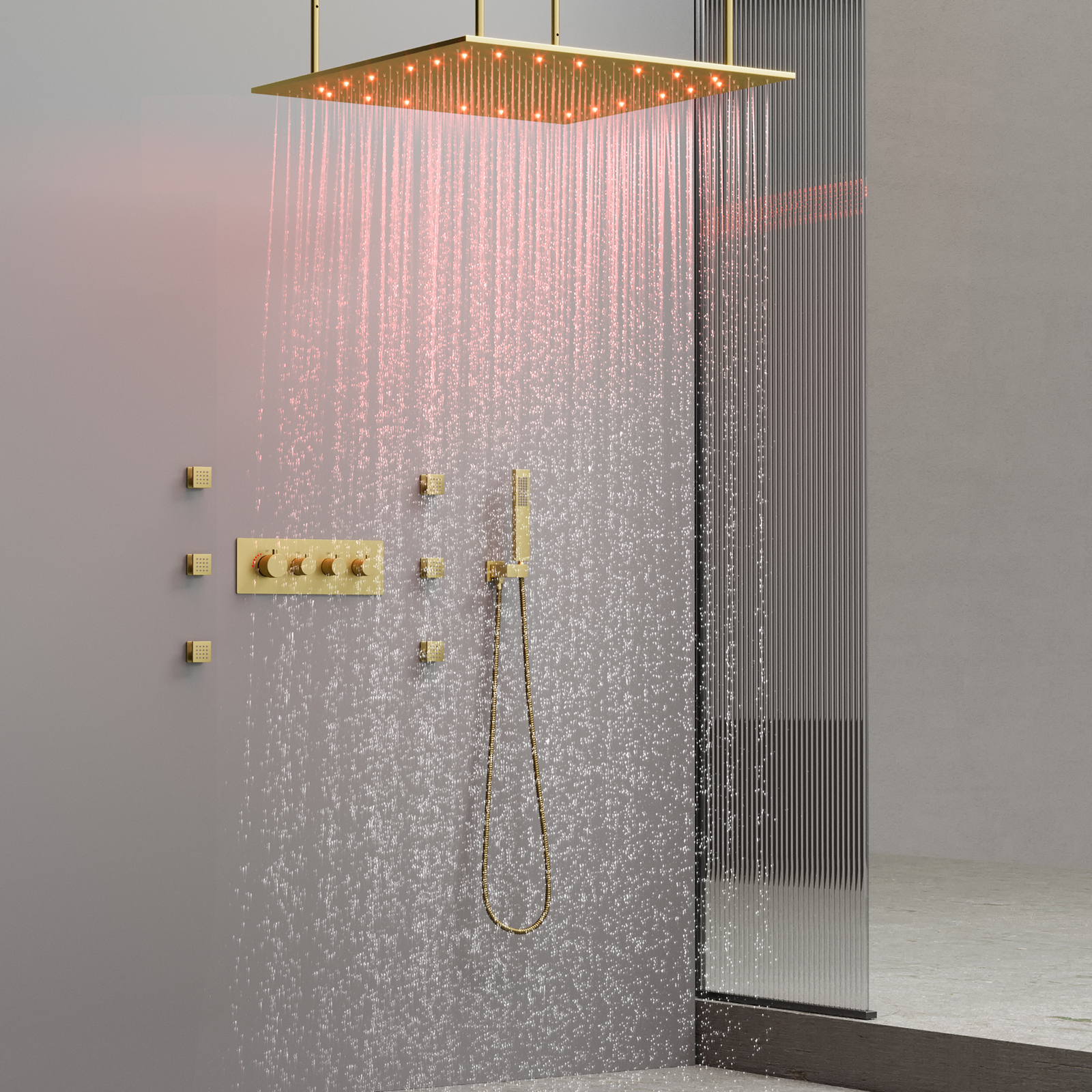 Juego de ducha LED de techo para baño, cabezal de ducha con 3 ajustes, grifo de ducha tipo lluvia termostático