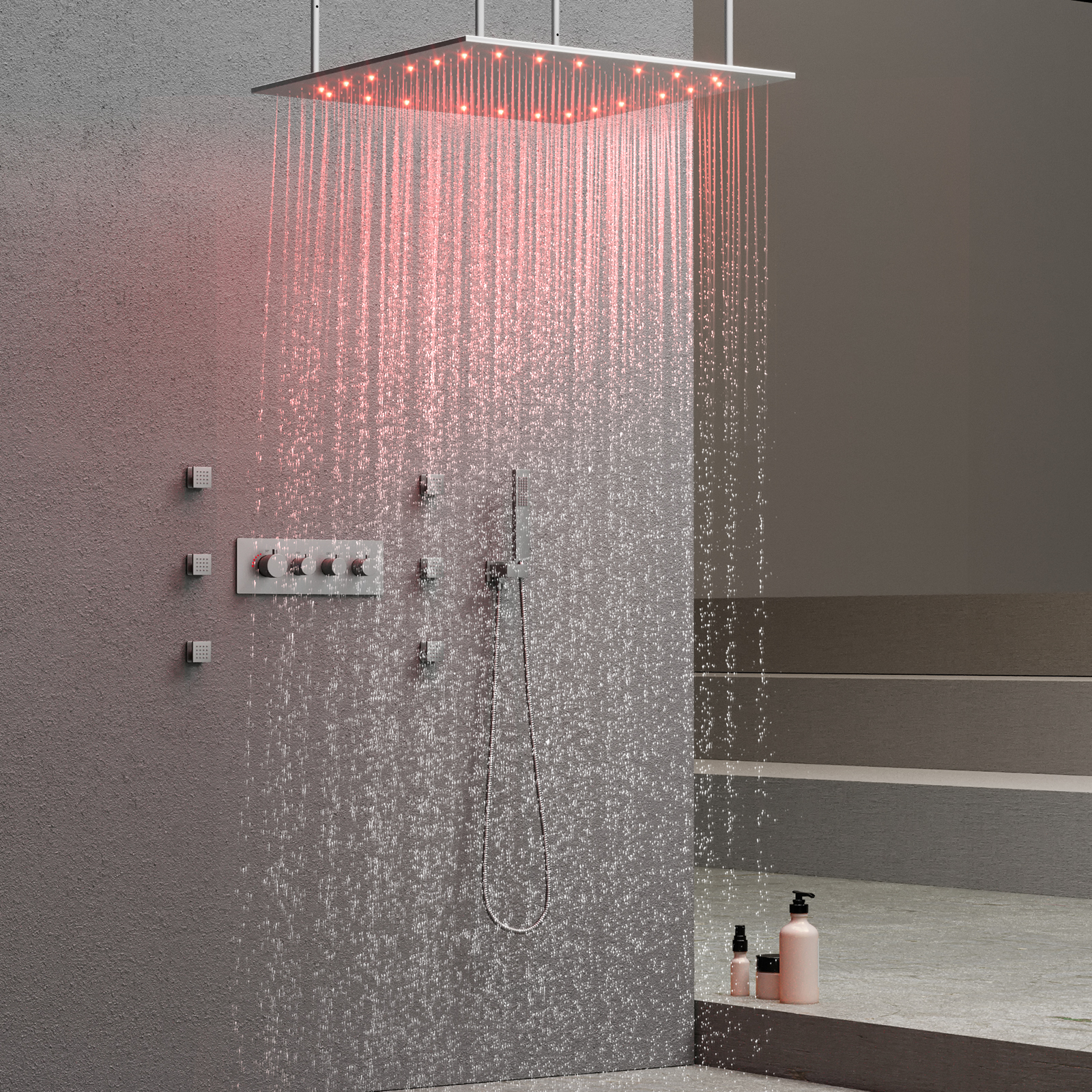 Baño cepillado 3 funciones LED cabezal de ducha ducha de techo Spa ducha grifo válvula