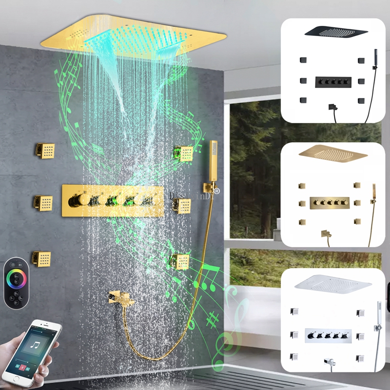 Grifo de ducha termostático LED de cascada de lluvia para baño Ti Gold con cabezal de ducha con función musical y chorro de cuerpo de ducha