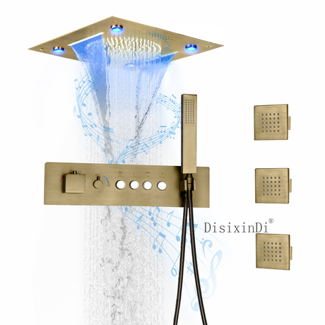 El nuevo sistema de ducha Led de música de latón antiguo montado en el techo juego de ducha de baño con cabezal de ducha de cascada y lluvia de 16 pulgadas