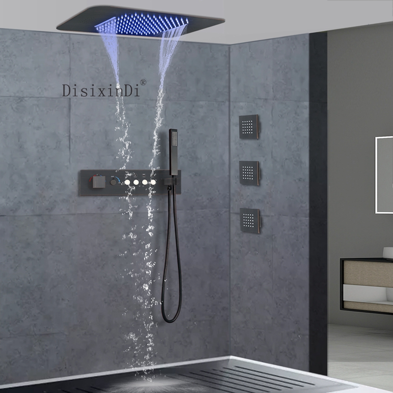 Cabezal de ducha LED empotrado en el techo, 23x15 pulgadas, con altavoz musical, cascada de lluvia, juego de grifería de ducha termostática para baño