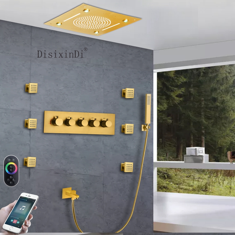 El baño y la ducha de la música del LED fijan el oro cepillado de lujo ducha principal de la lluvia de la cascada del techo de 16 pulgadas