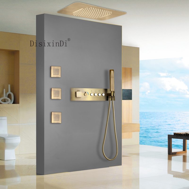 Sistemas de ducha de lujo de latón antiguo música LED 23*15 pulgadas cabezal de ducha baño termostático lluvia cascada juego de grifo de ducha