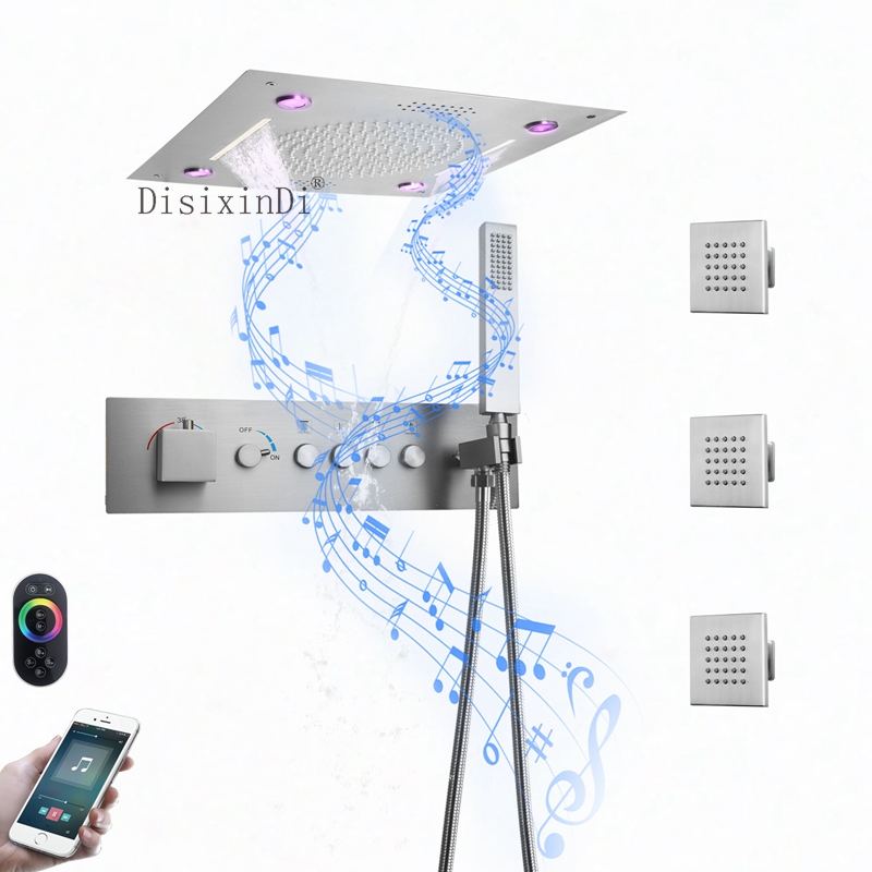 Cabezal de ducha de música LED de acero inoxidable 304, 400x400mm, botón termostático integrado para techo, juego de Grifo de ducha de baño de cuerpo principal