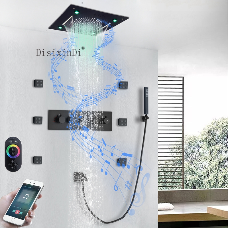 Juego de ducha empotrada en el techo, cabezal de ducha LED de 400x400mm con altavoz musical, Sistema de ducha termostático de chorro corporal de 5x5cm