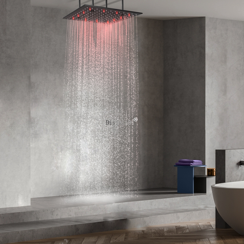 Cabezal de ducha LED de acero inoxidable 304 de 16 pulgadas, color negro mate, cabezal de ducha que cambia de Color con niebla de lluvia para baño