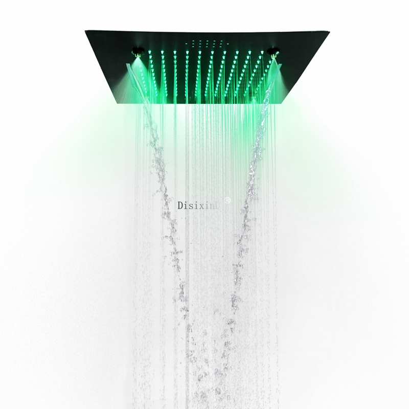 Cabezal de ducha LED para baño, 3 funciones, 500x500mm, negro mate, con altavoz musical, sistema de ducha en cascada