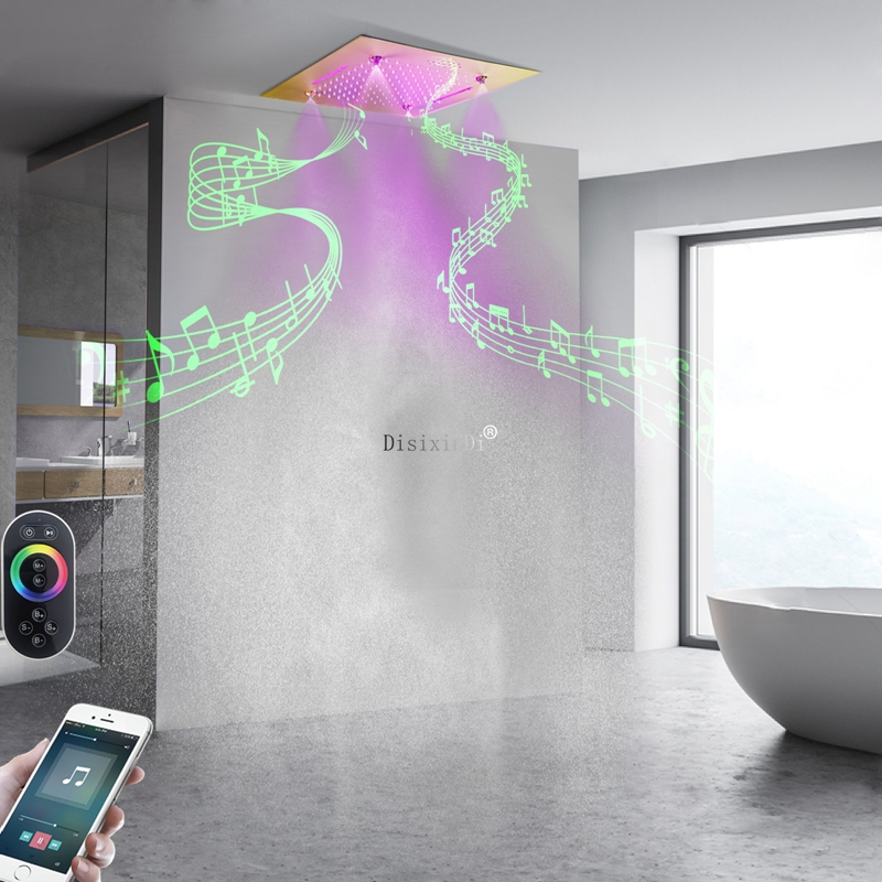 Cabezal de ducha LED de 20 pulgadas de acero inoxidable SUS304 con altavoces musicales, lluvia brumosa y cascada, sistema de ducha integrado en el techo