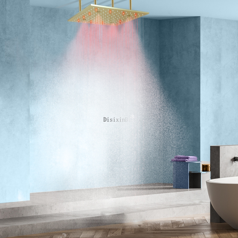 Oro pulido 400x400mm techo niebla lluvia cabezal de ducha LED 304 SUS dos funciones grifo de ducha empotrado para baño