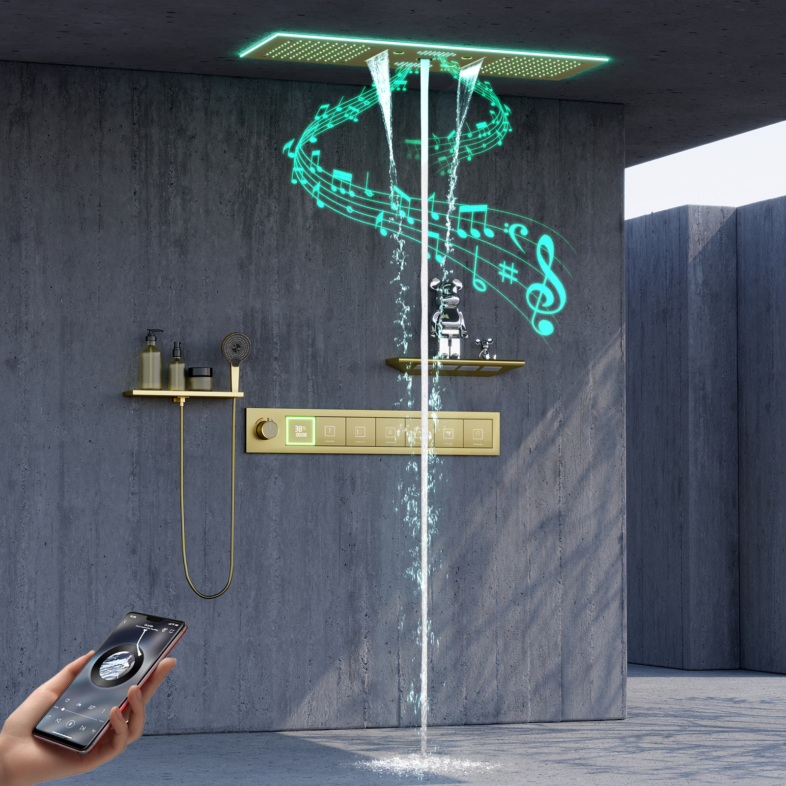 Oro pulido baño temperatura constante ducha de alto flujo luz Led cabezal de ducha con altavoz cascada sistema de selva tropical