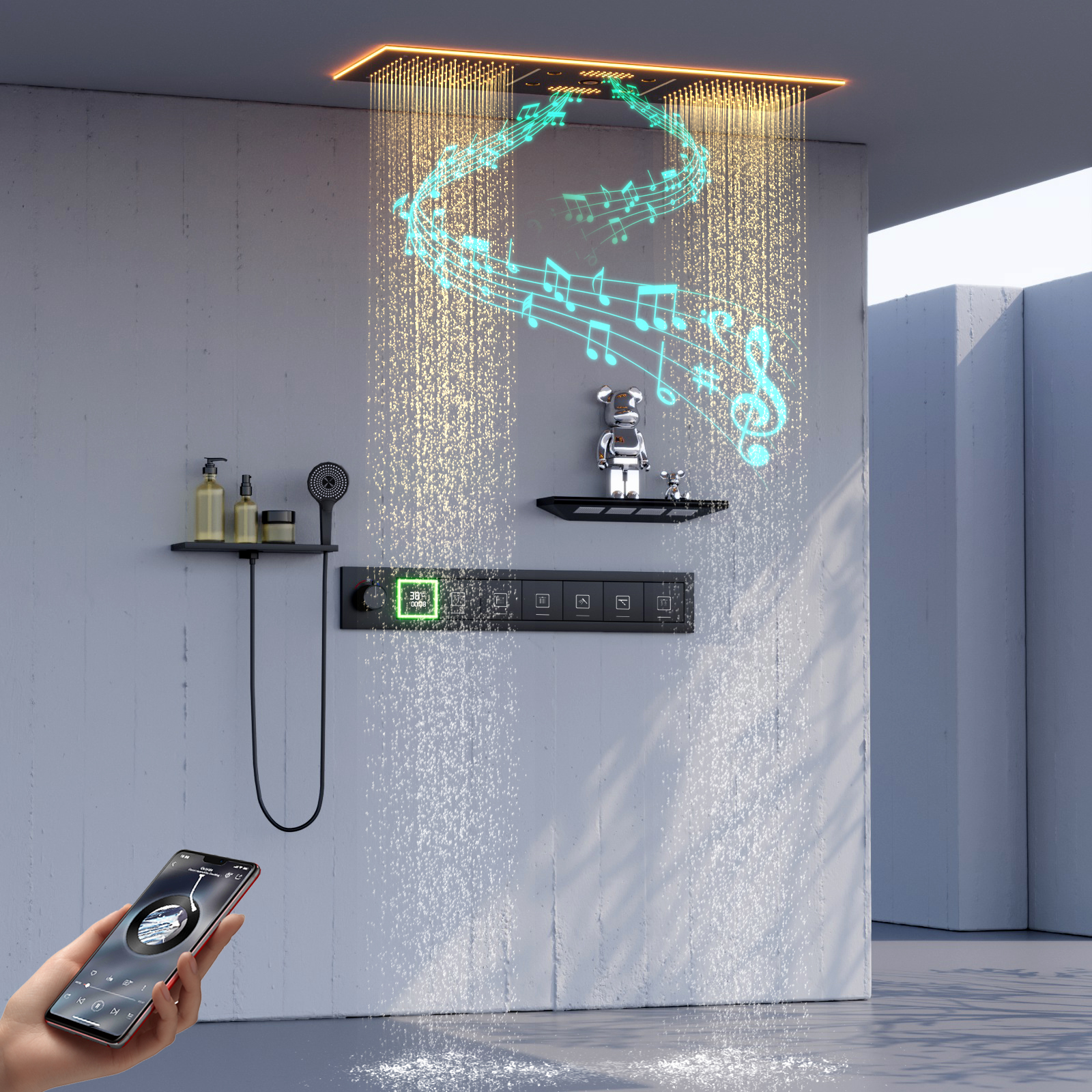 Negro empotrado 36*12 pulgadas música cabezal de ducha LED baño temperatura constante lluvia cascada cabezal de ducha masaje SPA