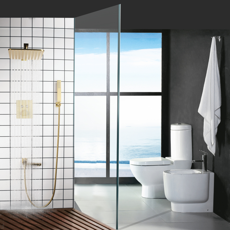 Juego de ducha oculta de oro cepillado, pared de baño, lluvia termostática, ducha de mano de alta presión