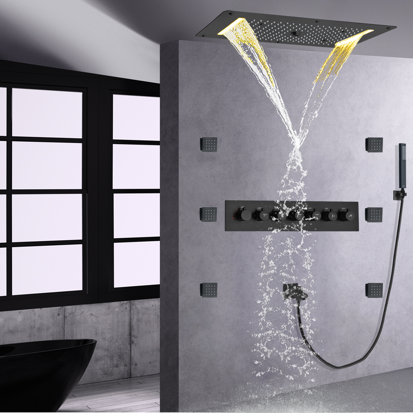 Sistema de ducha de cascada de masaje de lluvia, Panel de grifo de ducha con válvula termostática de latón para baño, color negro mate
