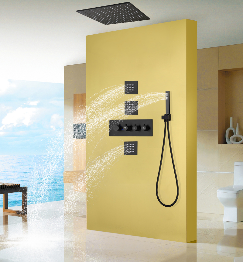Juego de grifos de ducha termostáticos, color negro mate, LED de 20 pulgadas, ducha de techo para baño, lluvia con boquilla de mano