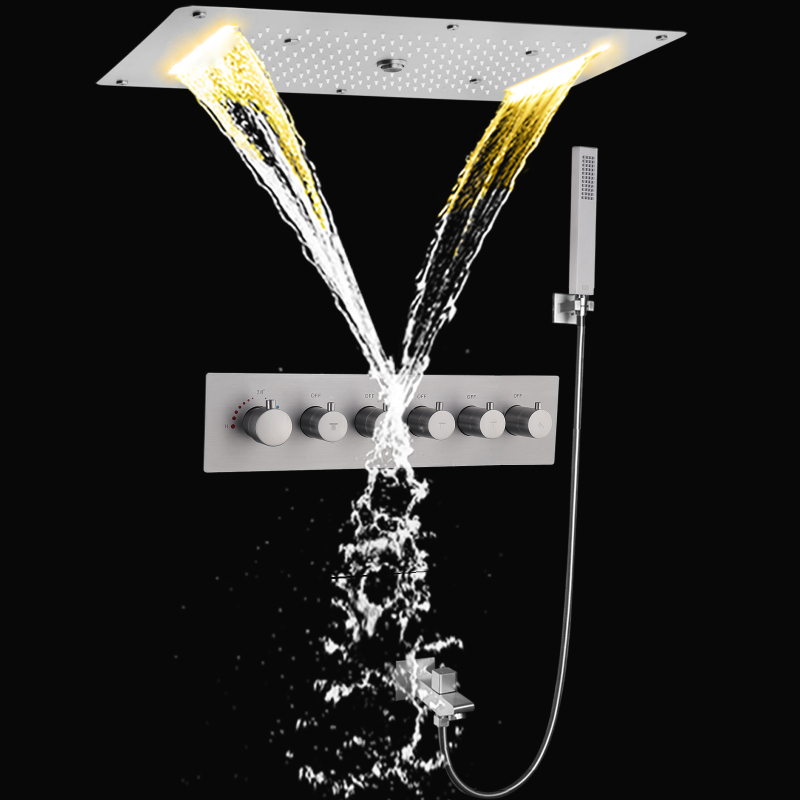 Juego de sistema de ducha termostático de níquel cepillado 700X380 MM LED baño cascada Spray burbuja lluvia