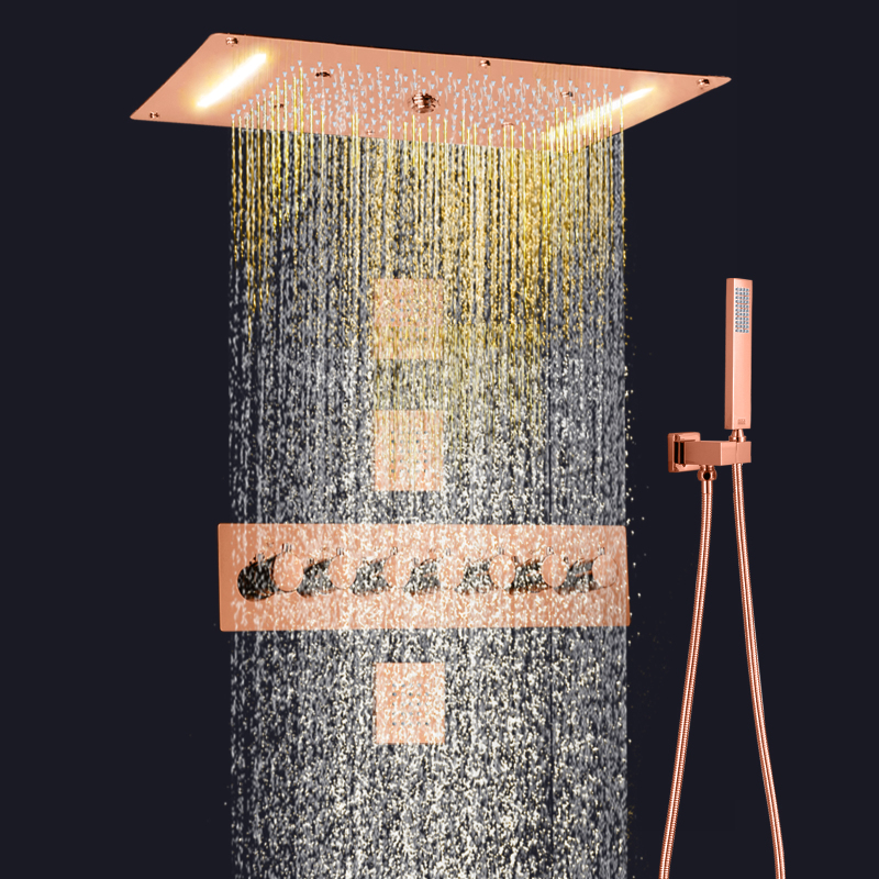 Moderno sistema de ducha LED termostático de oro rosa, baño, lluvia, cascada, ducha, masaje