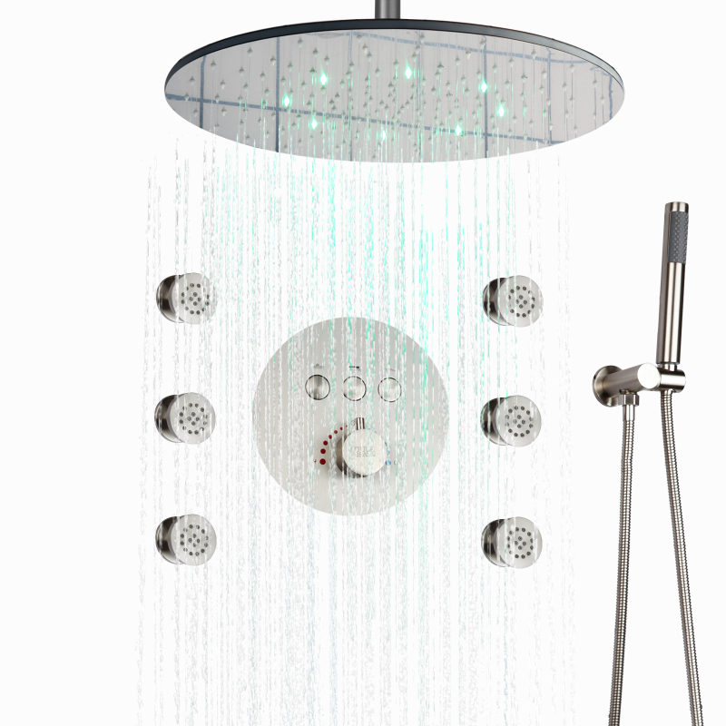 Níquel cepillado 20 pulgadas LED termostático lluvia superior buena calidad grifo de ducha de lujo Panel de pared Jet ducha de masaje
