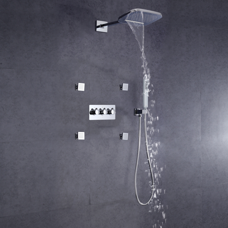 Cabezal de ducha cromado pulido con pulverizador de mano, sistema de ducha de lluvia fría y caliente montado en la pared, chorro de masaje de latón