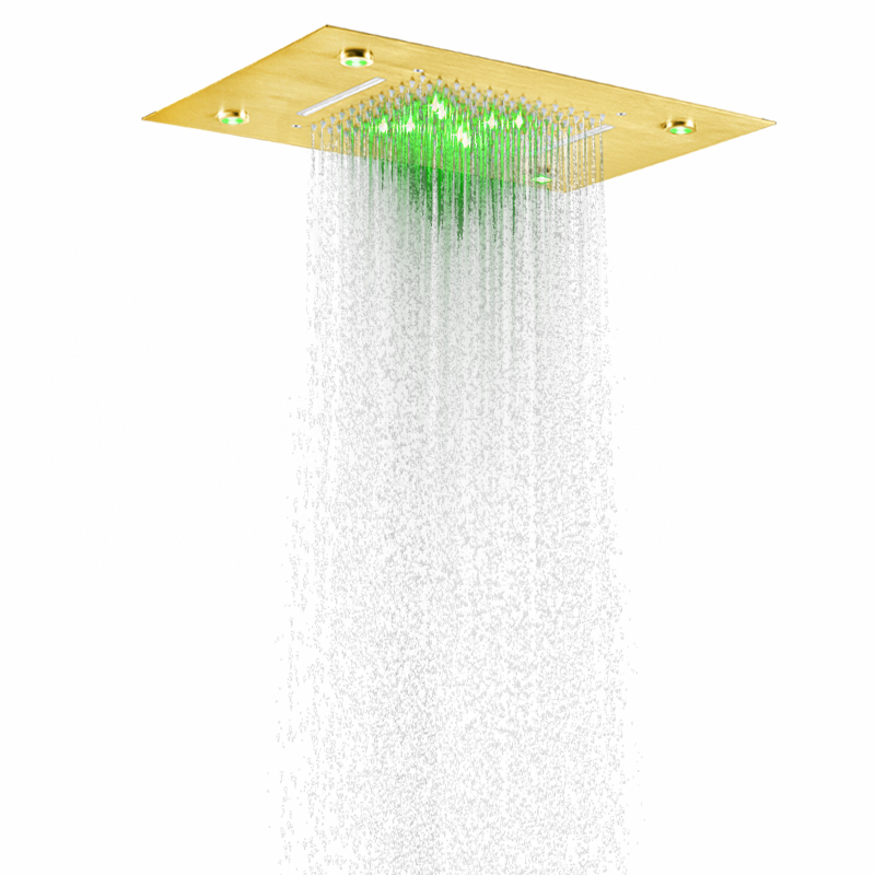 Mezclador de ducha de Oro pulido de lujo, LED de 50x36 CM, cambio de temperatura de 3 colores, lluvia de cascada bifuncional para baño