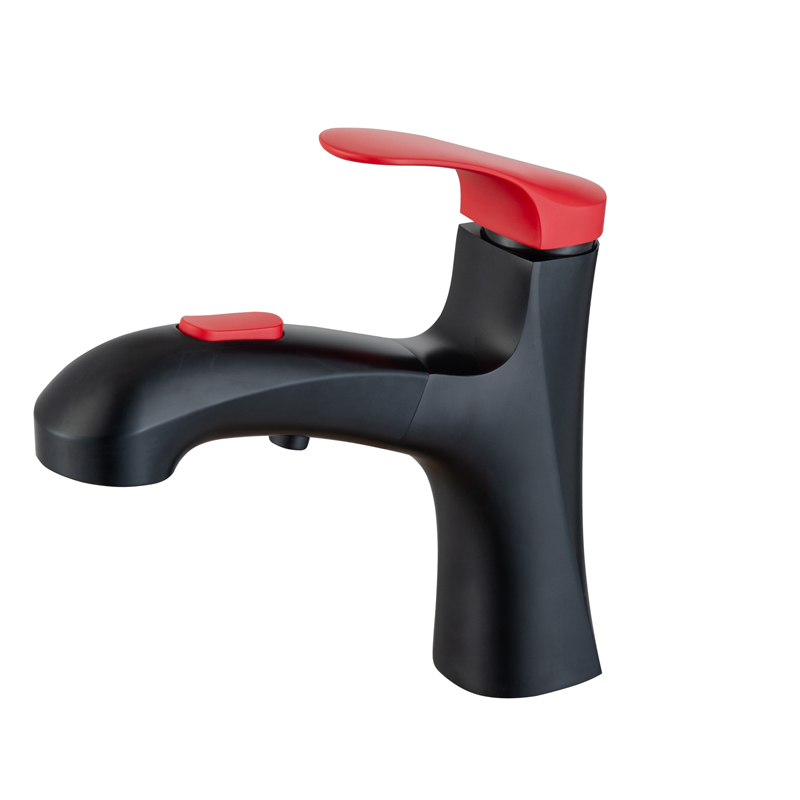Mezclador de fregadero negro y rojo mate, grifo de baño con un solo mango, cabezal completo con funciones de agua dobles, contemporáneo