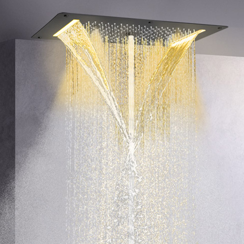 Mezclador de ducha de baño de gama alta LED, sistema de cascada, ducha multifunción, negro mate, 70x38 CM