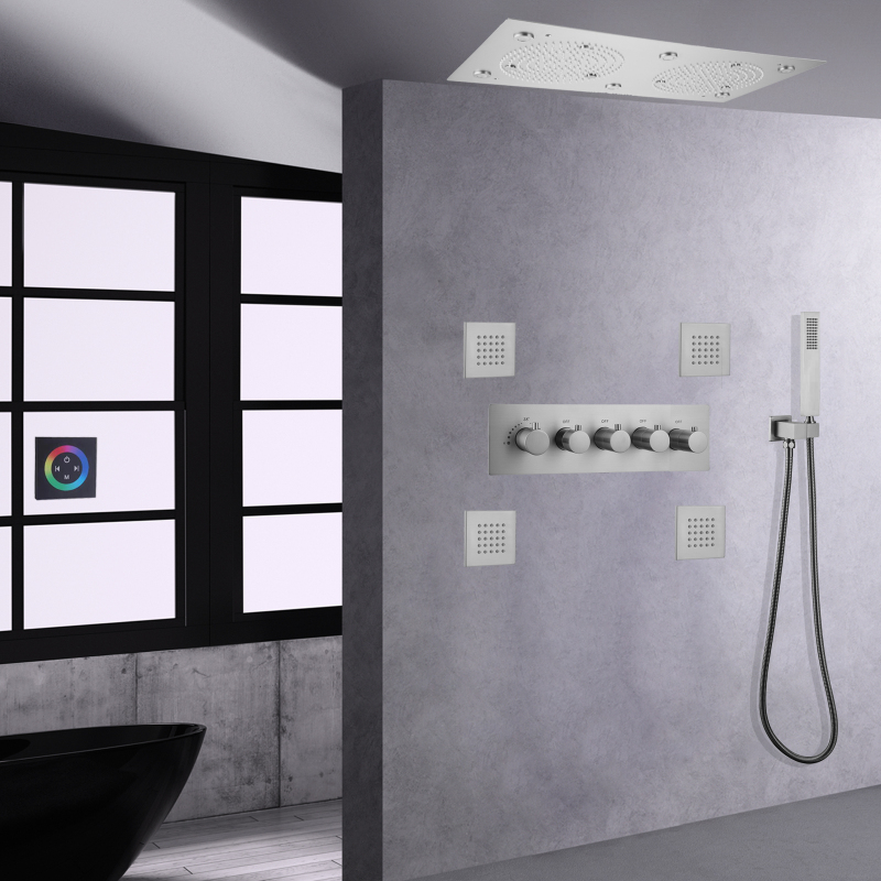 Cabezal de ducha termostático de níquel cepillado, juego de ducha atomizadora de lluvia LED de 24x12 pulgadas con mano