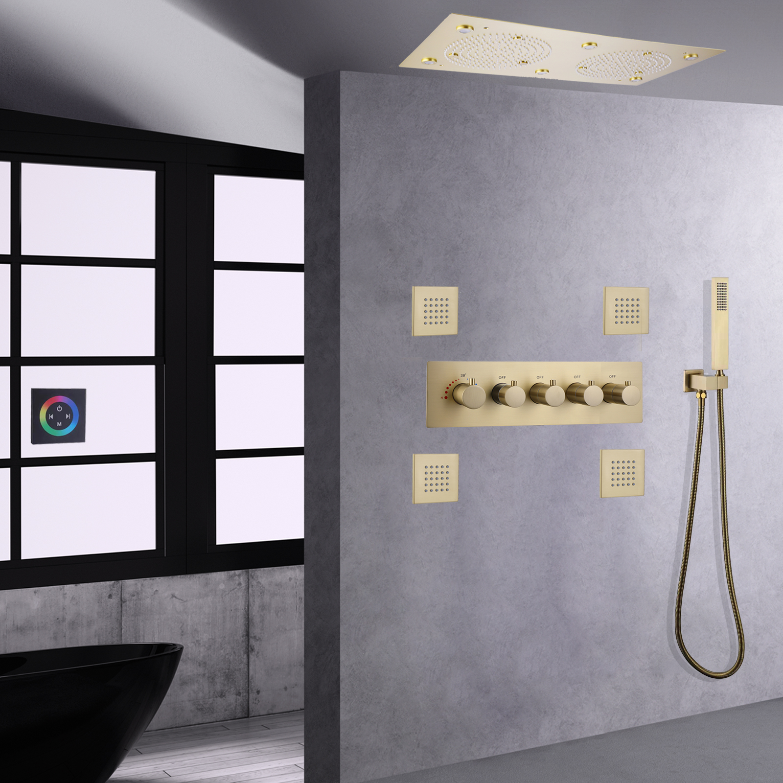 Cuarto de baño LED termostático Oro cepillado montado en la pared doble grifo lluvia niebla Hydro Jet masaje