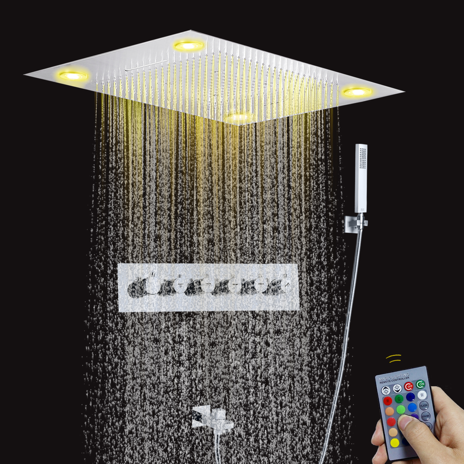 Cabezal de ducha de lluvia LED grande de lujo, 800x600MM, cromado, 5 formas de masaje, cascada, juego de ducha de lluvia termostática