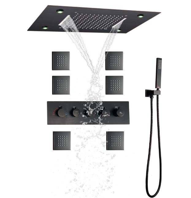Sistema de ducha de lluvia termostática de bronce frotado con aceite, juego de mezclador de ducha de baño LED de 14X20 pulgadas, cabezal de ducha de lluvia en cascada