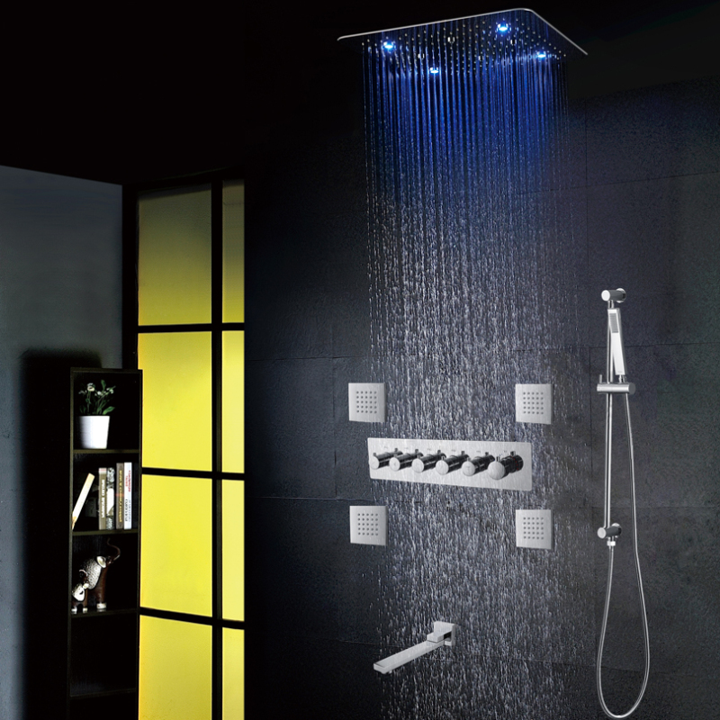 Mezclador de ducha termostático pulido cromado, grifo de baño LED de 500x500 MM, ducha Spa con cabezal de ducha Hydro Jet