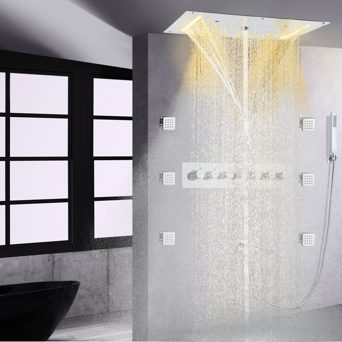 Juego de grifo de ducha termostático pulido cromado, LED de alto flujo, cascada de lluvia y niebla para techo de baño