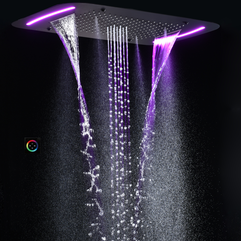 Cabezal de ducha negro mate 71X43 CM con panel de control LED Baño Lluvia Cascada Atomización Burbuja