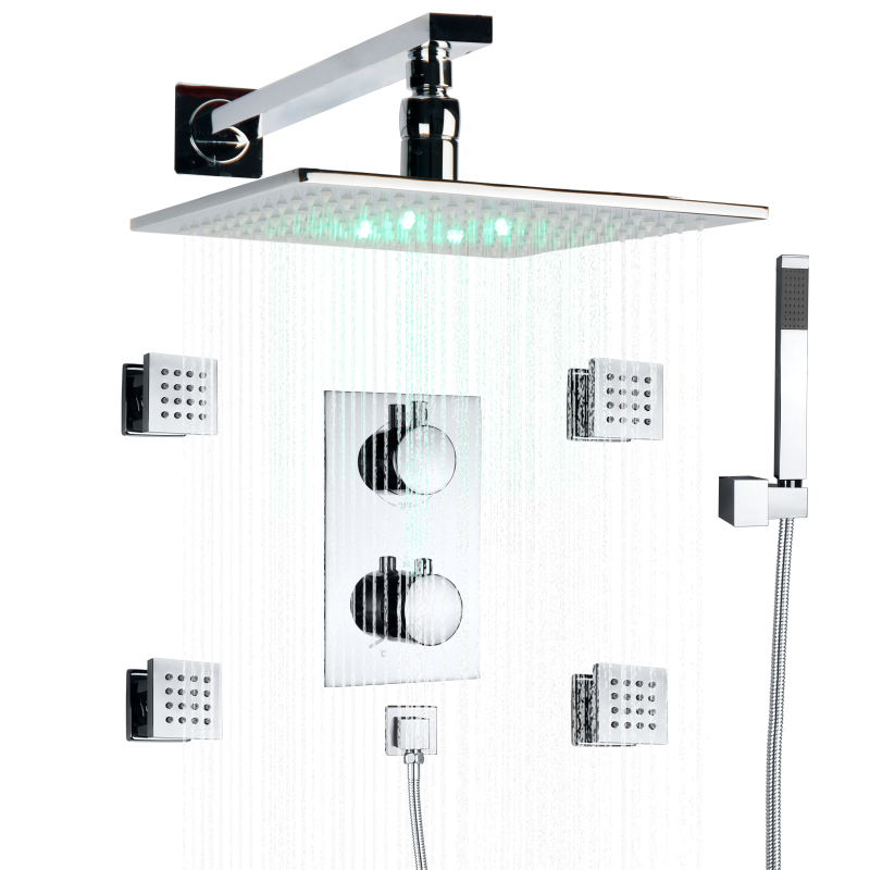Grifos de ducha termostáticos cromados pulidos, conjunto combinado de duchas de baño con cambio de temperatura LED de 25x25 CM, 3 colores