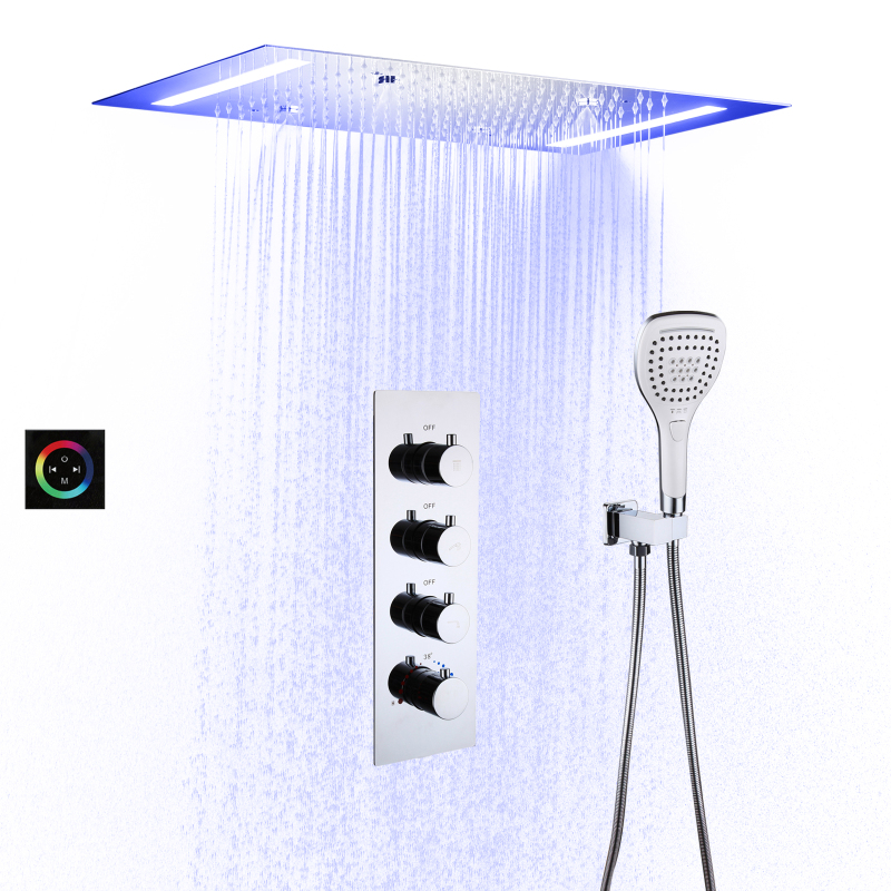 Juego de grifo de ducha cromado termostático para baño con cabezal de ducha LED de 20*14 pulgadas SUS304 empotrado en techo