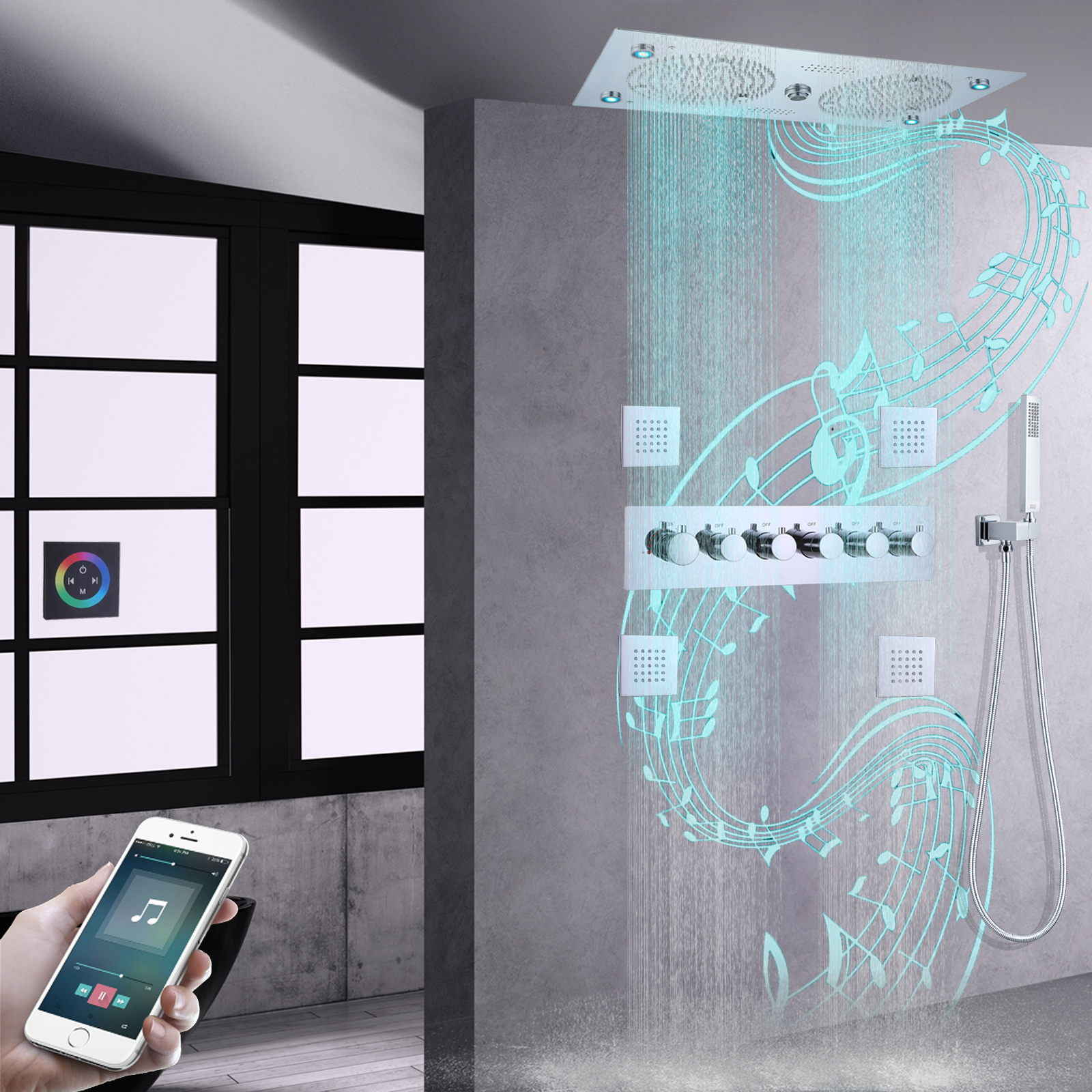 Cromo pulido termostático LED baño música ducha columna lluvia niebla grifo de ducha juego de ducha de mano