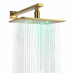 Grifos de baño de oro cepillado, cabezal de ducha de 28x18cm, LED, cambio de temperatura de 3 colores, montaje en pared para baño, ducha de lluvia