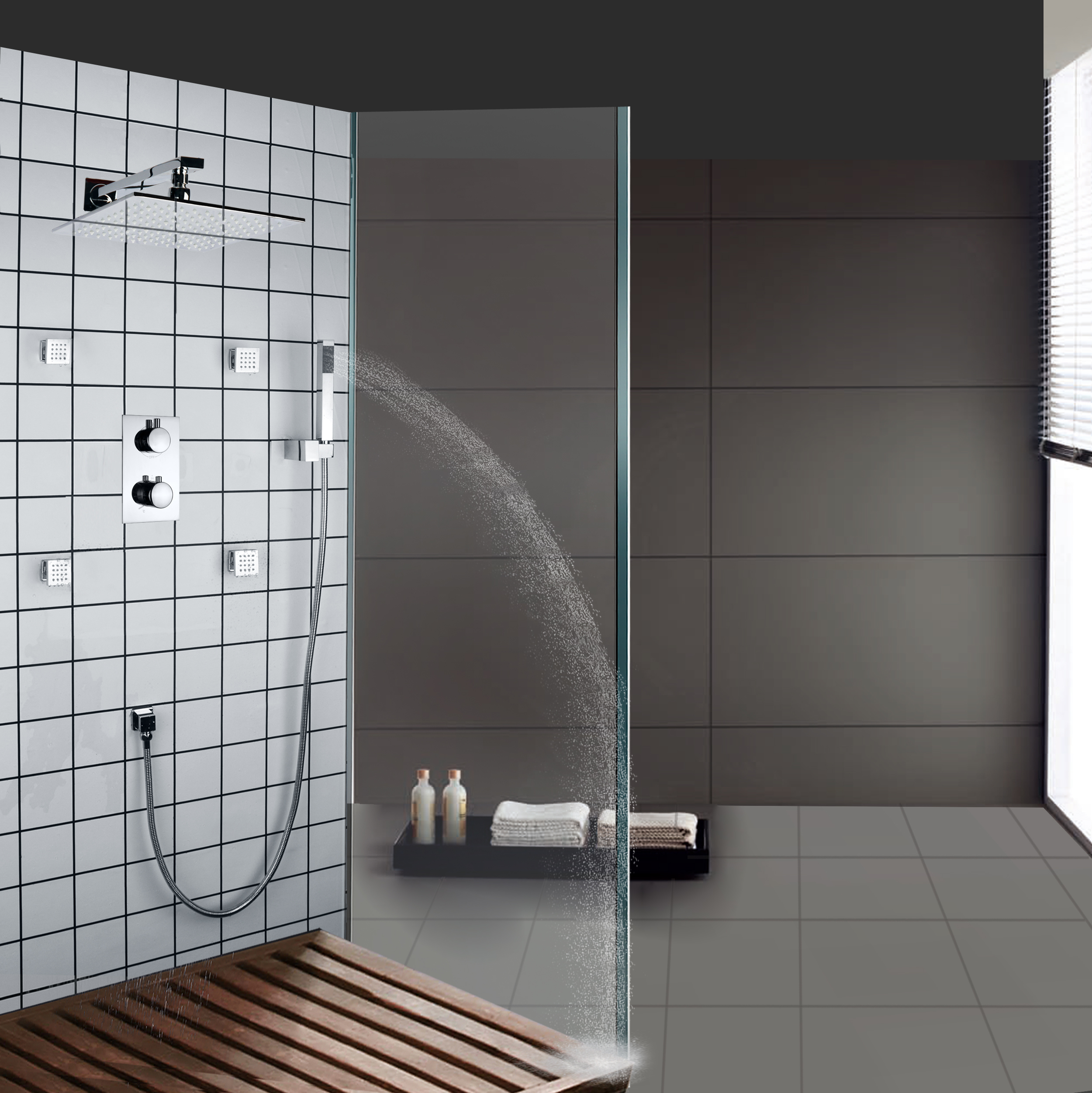 Juego de ducha de baño pulido cromado, masaje de ducha tipo lluvia, cambio de temperatura de 3 colores LED