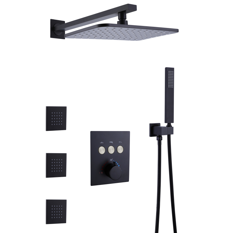 Grifo de ducha termostático de montaje en pared negro mate de gama alta, juego de ducha de mano con boquillas de lluvia